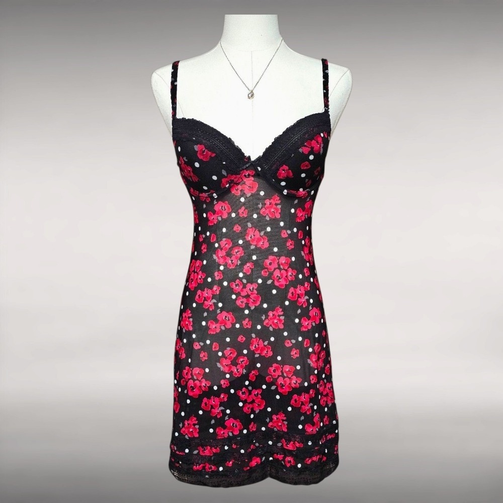 Marilyn Monroe Red Rose Polka Dot Mesh Chemise G-String Slip Dress Set Womens M